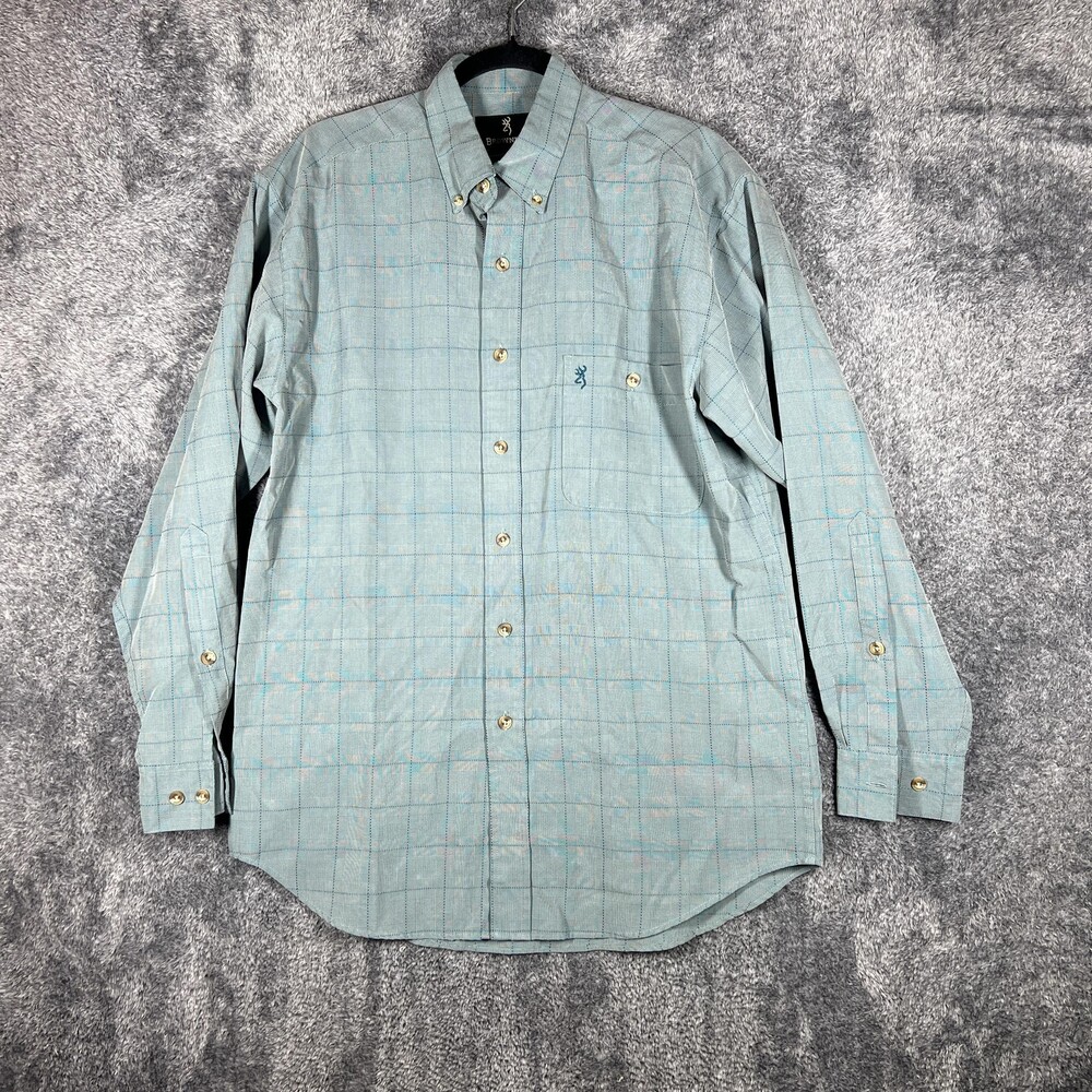 Browning Shirt Mens M Green Plaid Button Up Modal Polyester Pockets Casual